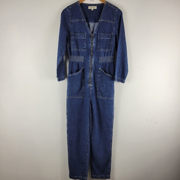 Madewell Patch Pocket V Neck Staight Ankle Zip Up Denim Jumpsuit Coveralls - Picture 2 of 12